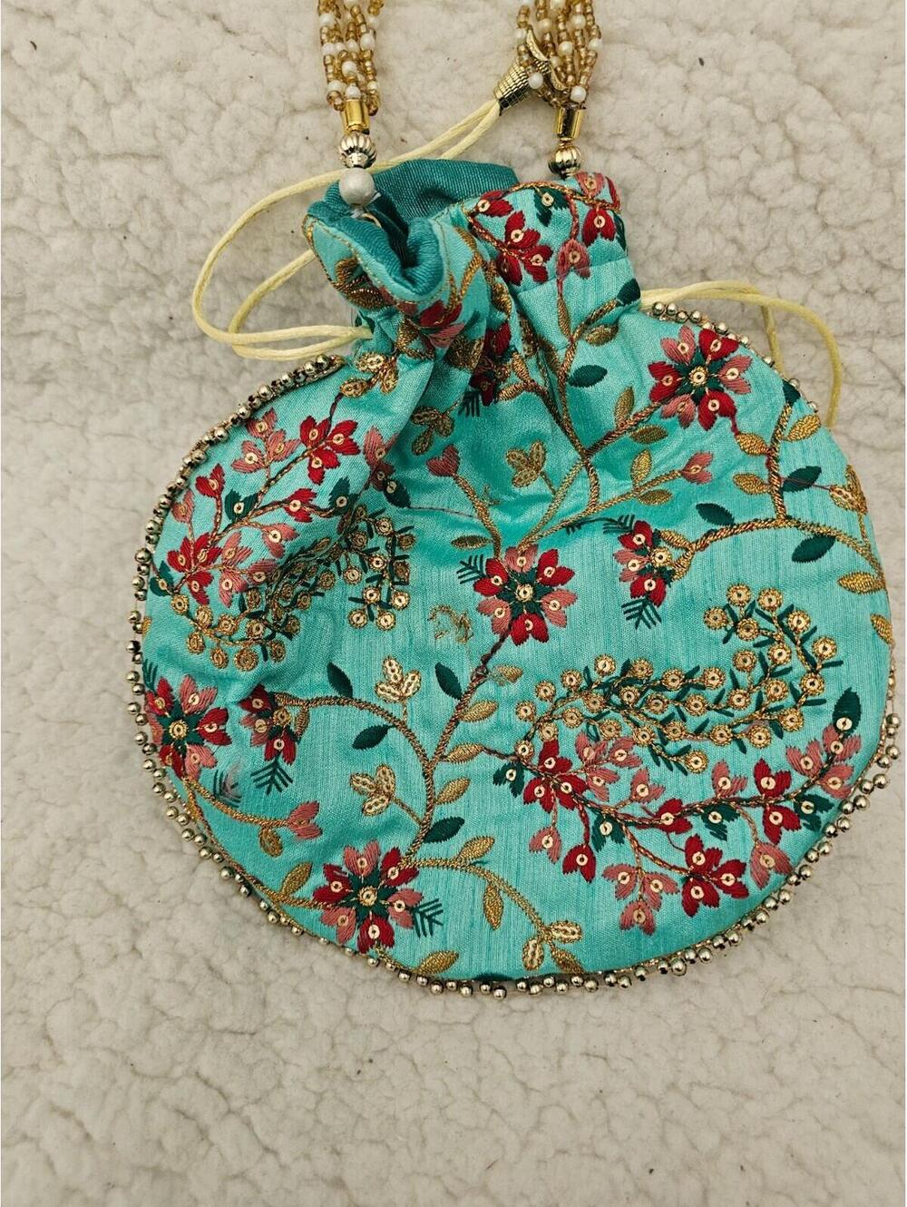 New Handmade Potli Bag Pouch Beads Embroidered Small Boho Multicolor 15.5 Long - Picture 2 of 13
